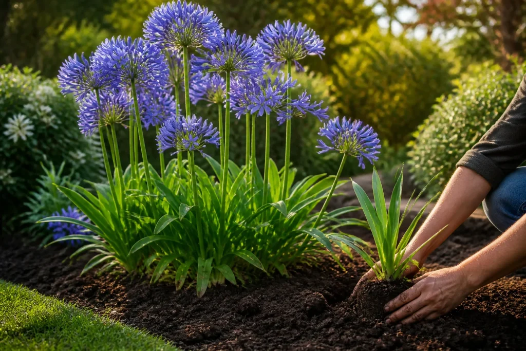 Agapanthes en pleine floraison et plantation