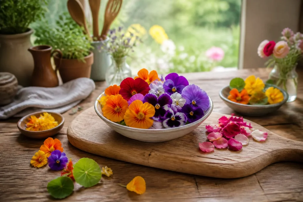 Fleurs comestibles vibrantes sur planche en bois