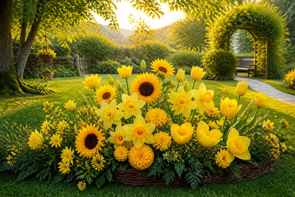 Jardin ensoleille aux fleurs jaunes