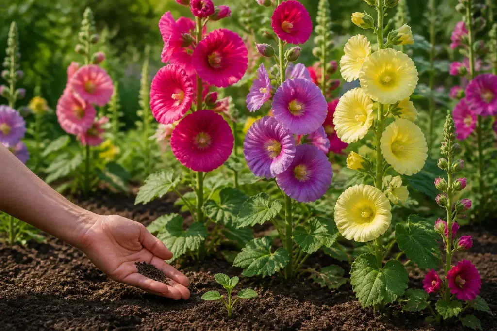 Plantation de roses tremieres en pleine floraison