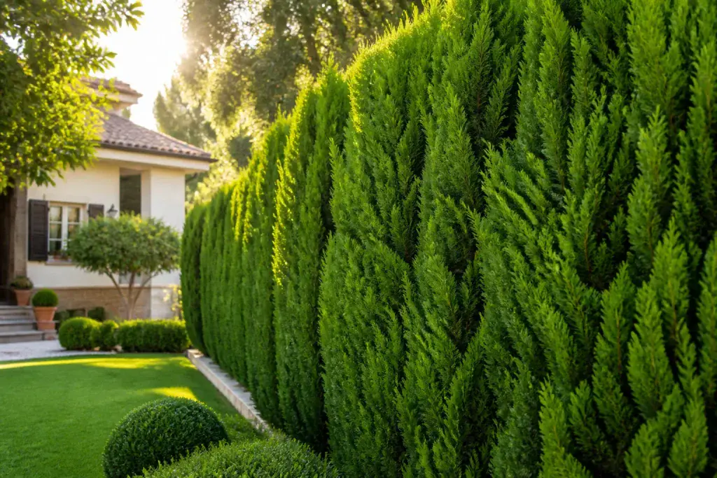 Haie de cypres luxuriante au soleil matinal