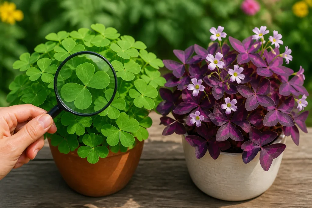 Oxalis vert et violet sous loupe