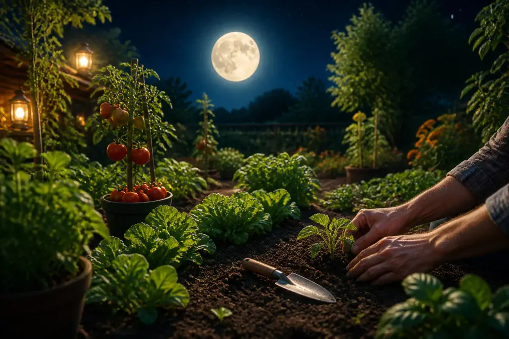 Jardin potager sous la pleine lune