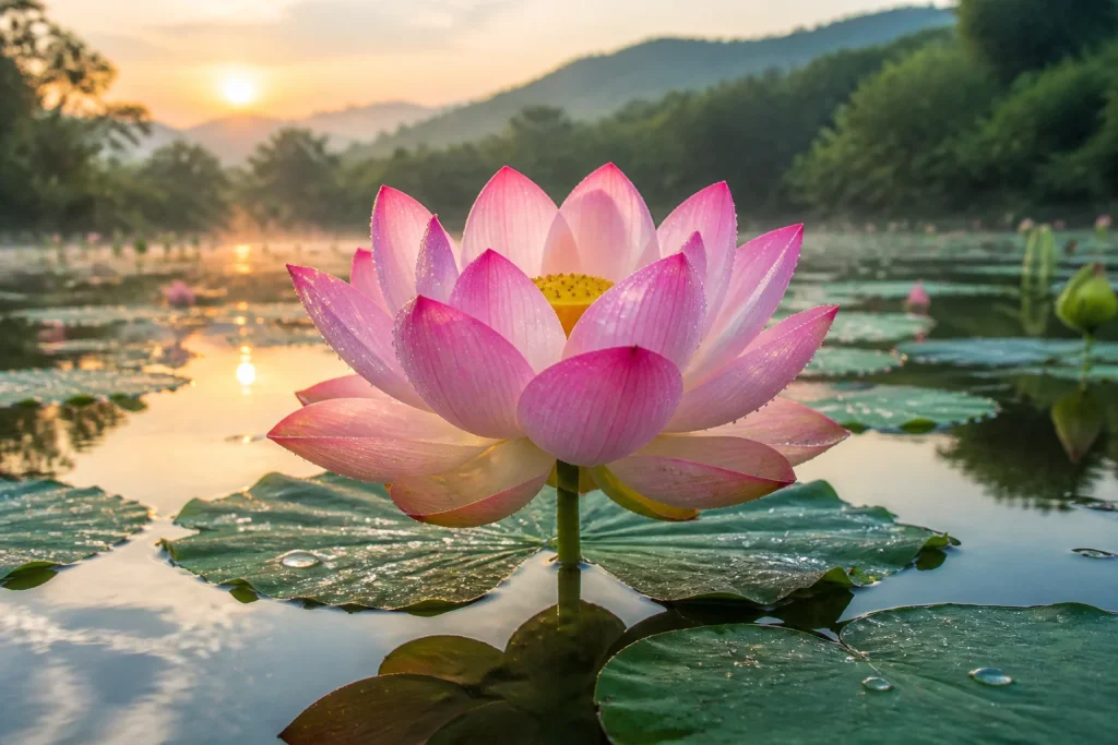 Lotus rose au lever du soleil