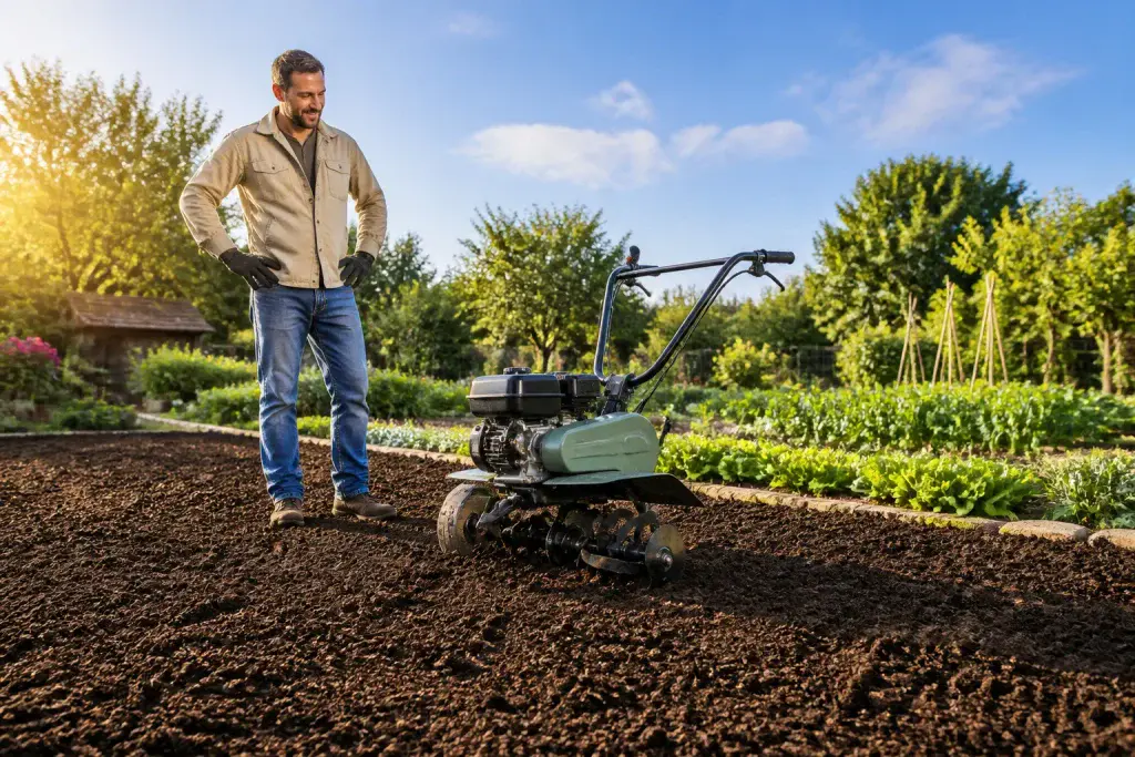 Motoculteur moderne dans un jardin luxuriant