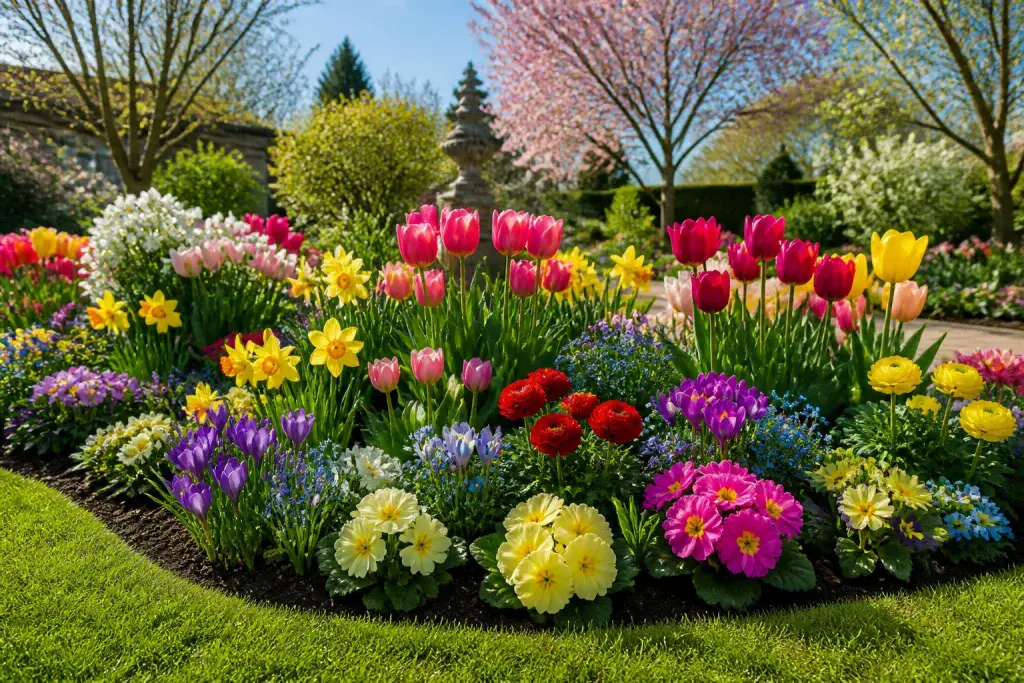 Jardin printanier eclatant de couleurs