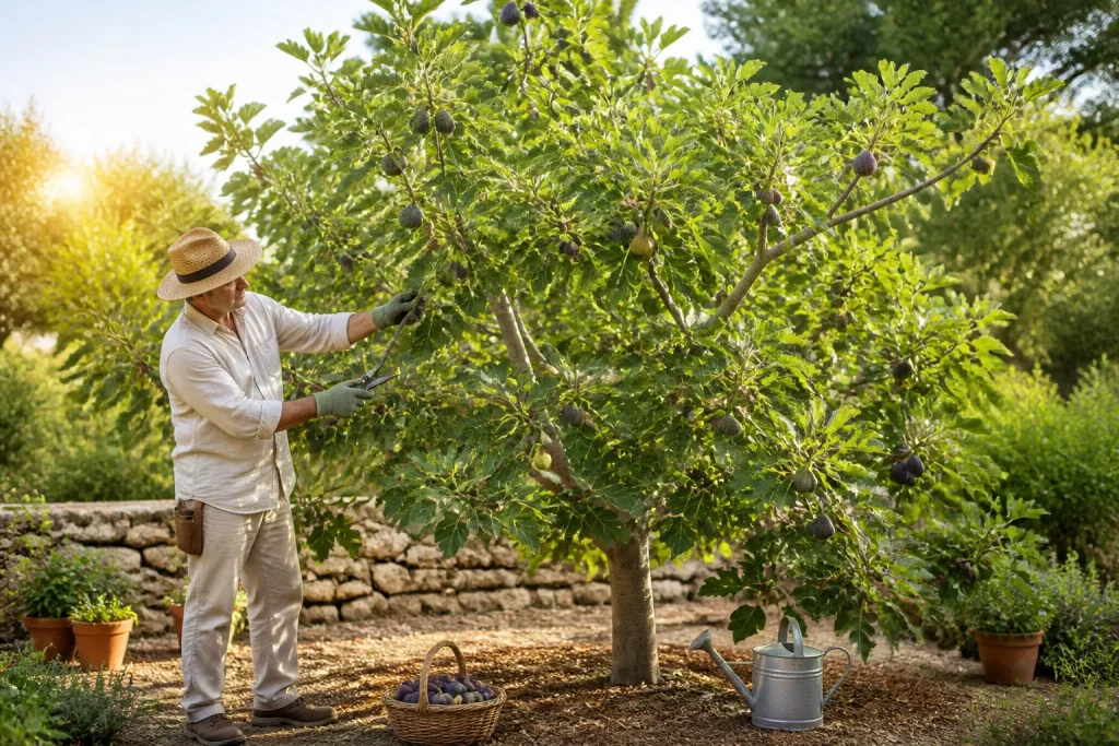 Jardinier taillant un figuier charge de fruits