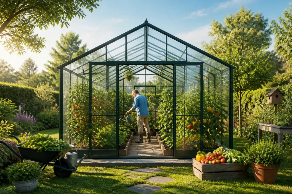 Serre moderne et jardin luxuriant