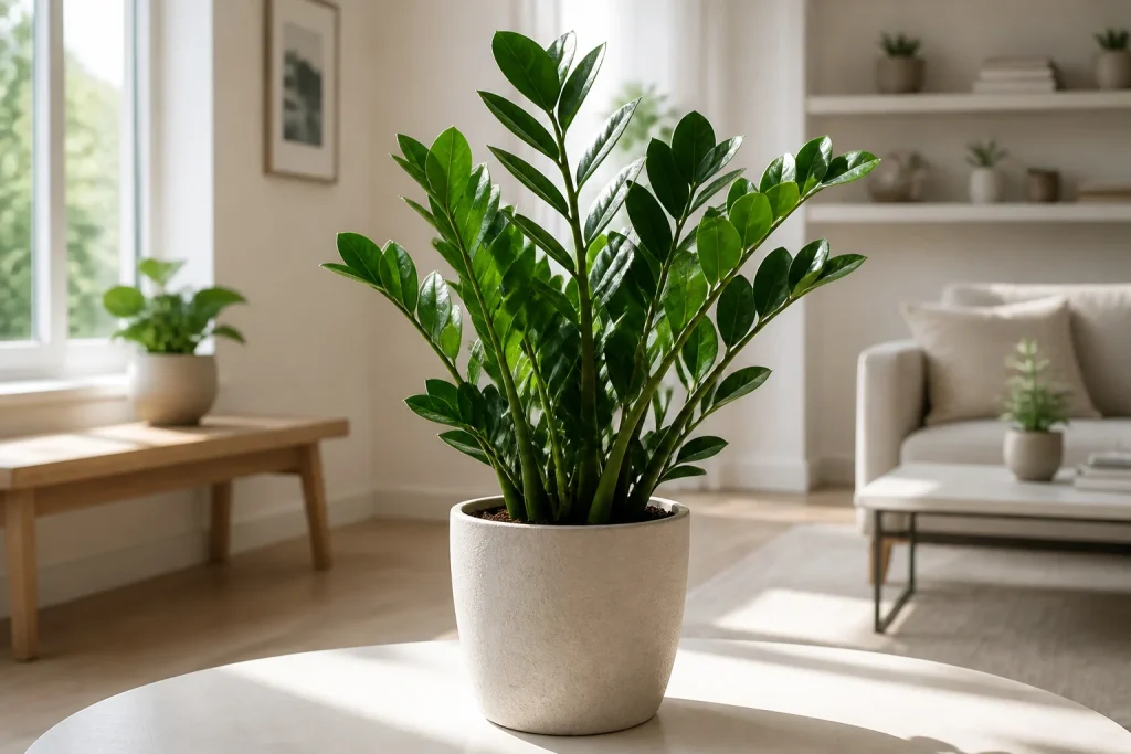 Plante zamioculcas eclatante dans un interieur minimaliste