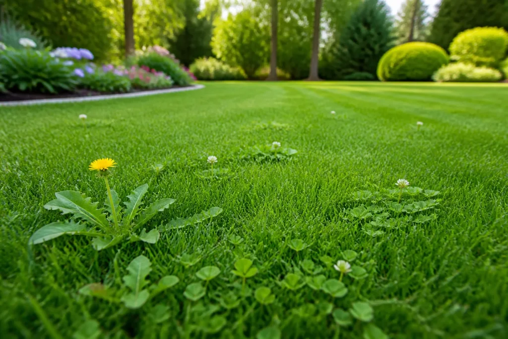 Pelouse verte impeccable avec quelques mauvaises herbes