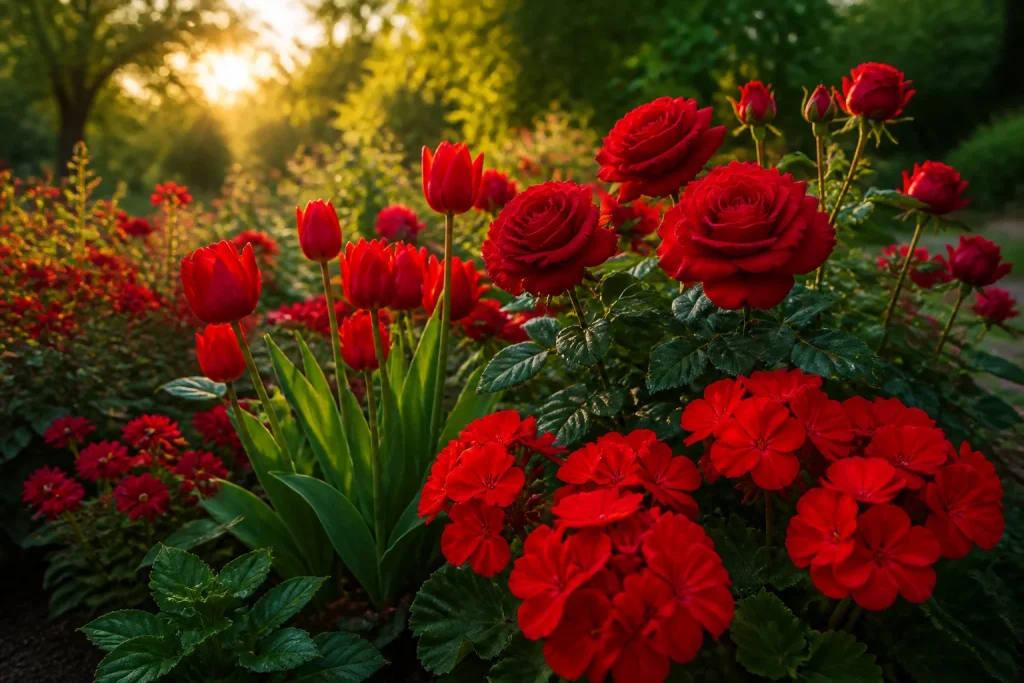 Fleurs rouges eclatantes au coucher du soleil