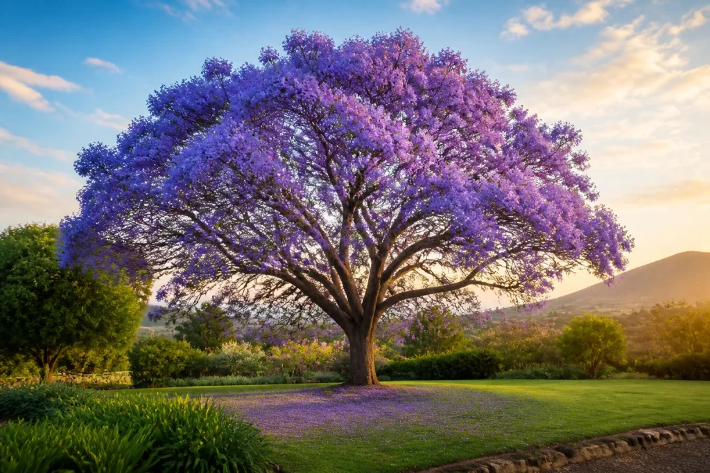 Jacaranda en pleine floraison au coucher du soleil