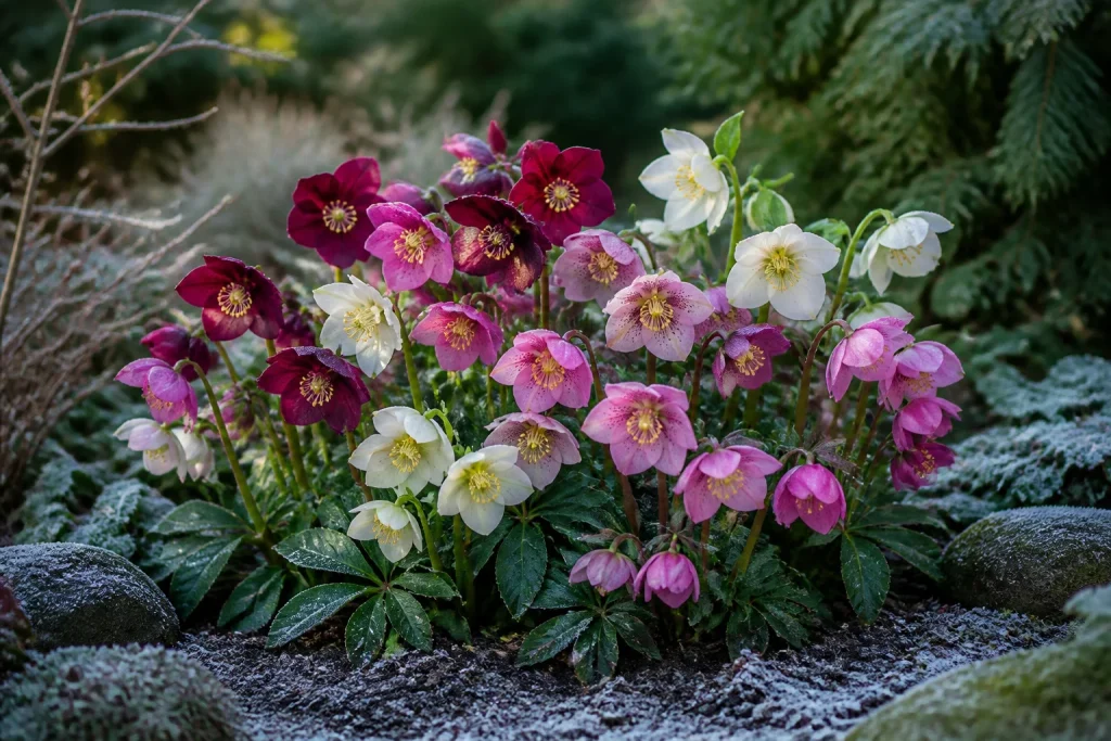 Hellebores en fleurs sous le givre
