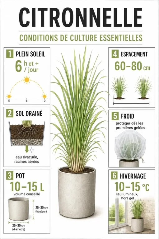 Plante citronnelle : conditions de culture essentielles en plein soleil, sol drainé, pot et hivernage