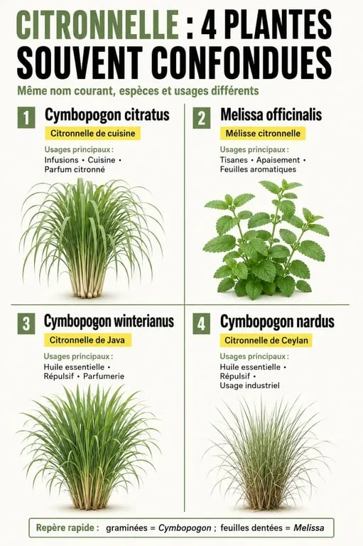 Plante citronnelle : comparaison entre Cymbopogon citratus, mélisse citronnelle, citronnelle de Java et de Ceylan