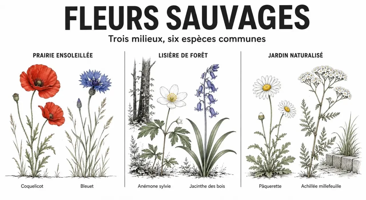 Fleurs sauvages en prairie, en lisière de forêt et dans un jardin naturalisé, vue botanique de guide