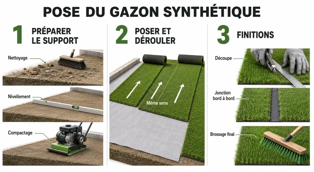 Comment poser du gazon synthétique : préparation du support, pose du géotextile et finitions