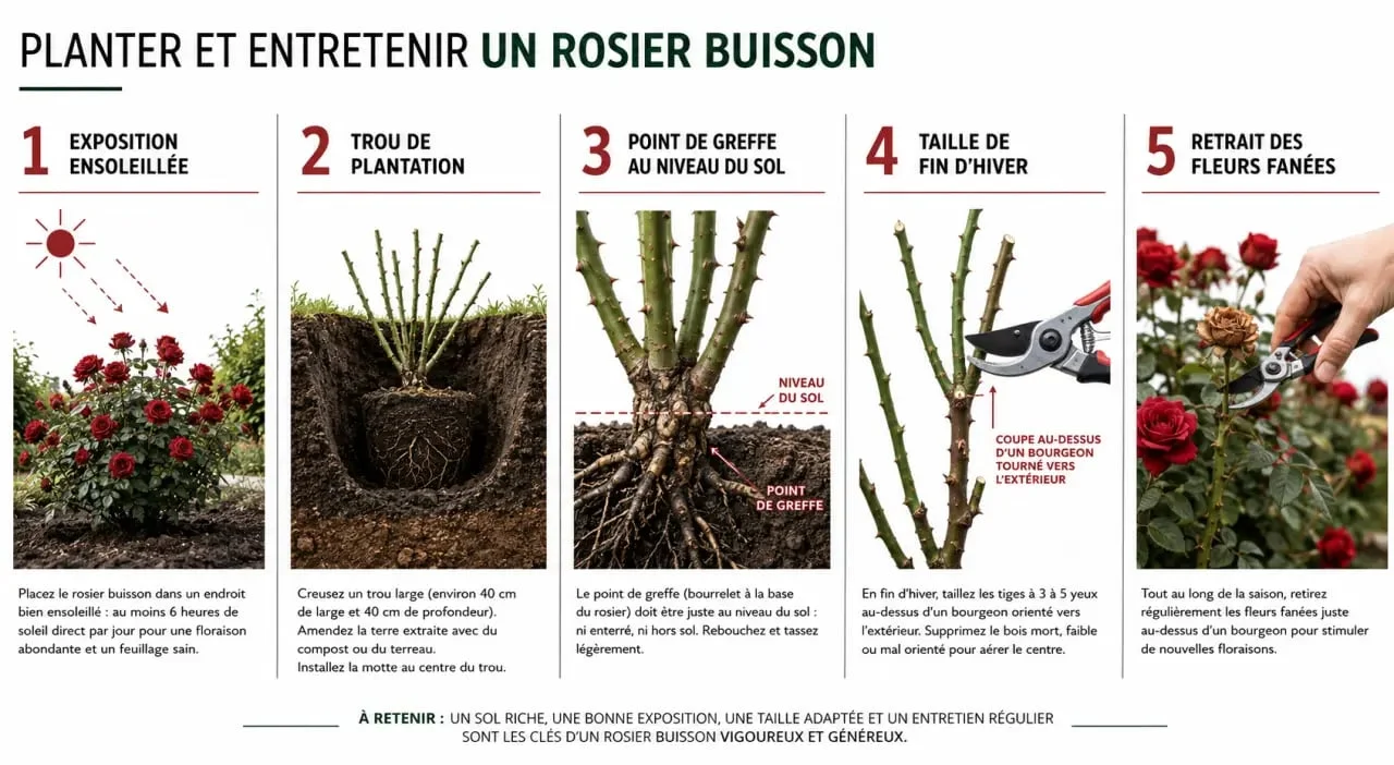 Rosier buisson : illustration éditoriale des étapes de plantation, taille et entretien au jardin