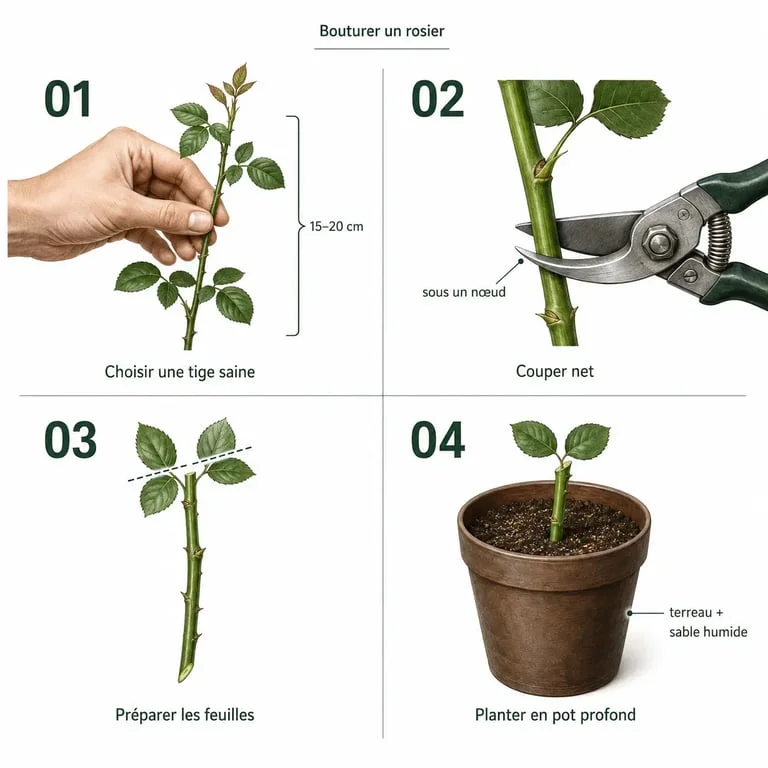 Bouture rose en 4 étapes avec tige préparée et mise en pot dans un mélange terreau et sable